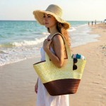 Straw Tote: Woven Wheat Straw Tote - 2 Tones - Brown - BG-R11052BN